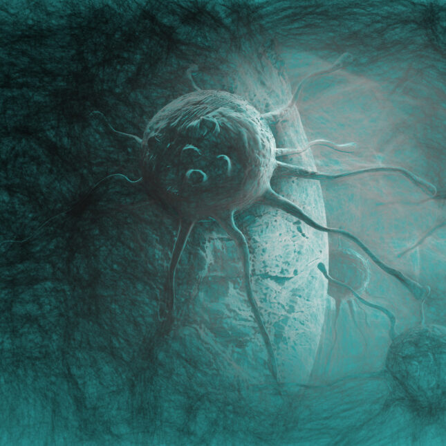Illustration of a teal cancer cell. -- health coverage from STAT