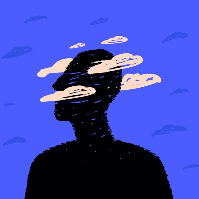 Silhouette of a figure against a purplish background, with clouds surrounding the head. -- health coverage from STAT