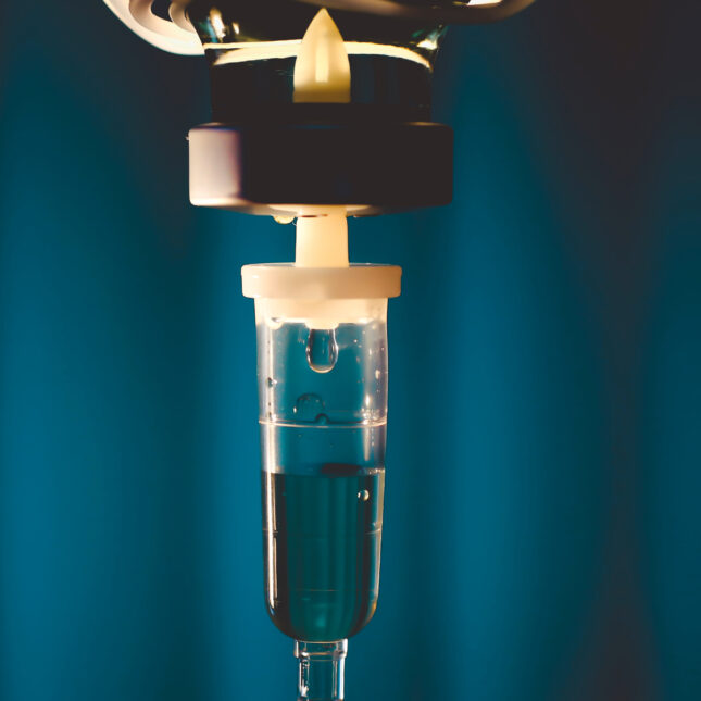 close-up of an iv drip against a dark background. -- health coverage from STAT