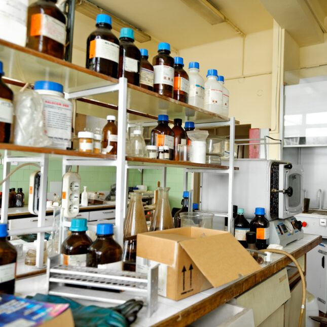 Photograph of an abandoned lab with empty bottle, boxes, and beakers all around. -- biotech coverage from STAT
