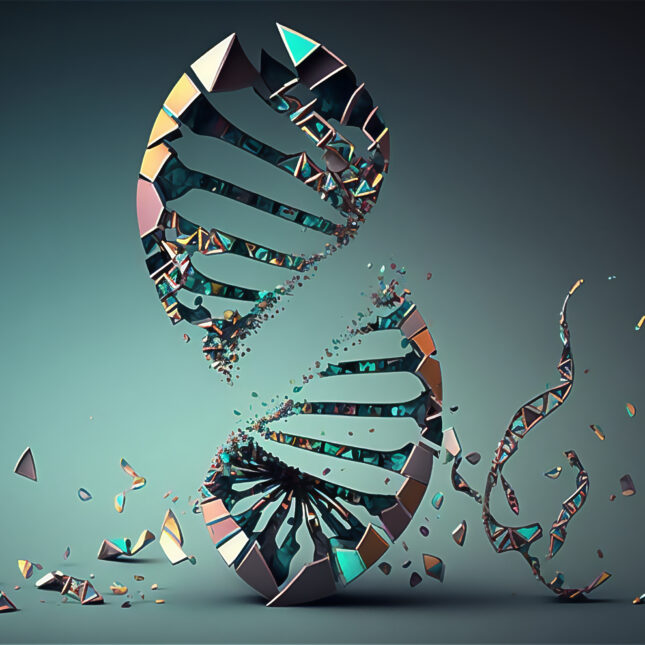 Colorful broken DNA helix genome. -- health coverage from STAT