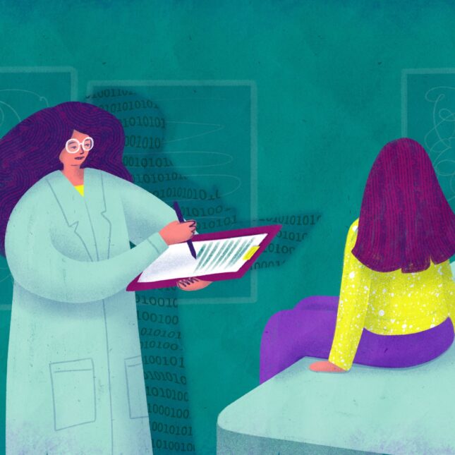 Illustration of a doctor and patient. The shadow behind the doctor displays 0s and 1s for artificial intelligence. –– health tech coverage from STAT
