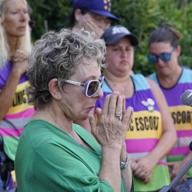 Diane Derzis, owner of the Jackson Women's Health Organization clinic in Jackson, Miss., pauses as she gathers her thoughts at a news conference on her reaction to the U.S. Supreme Court overturning Roe v. Wade, Friday, June 24, 2022. T