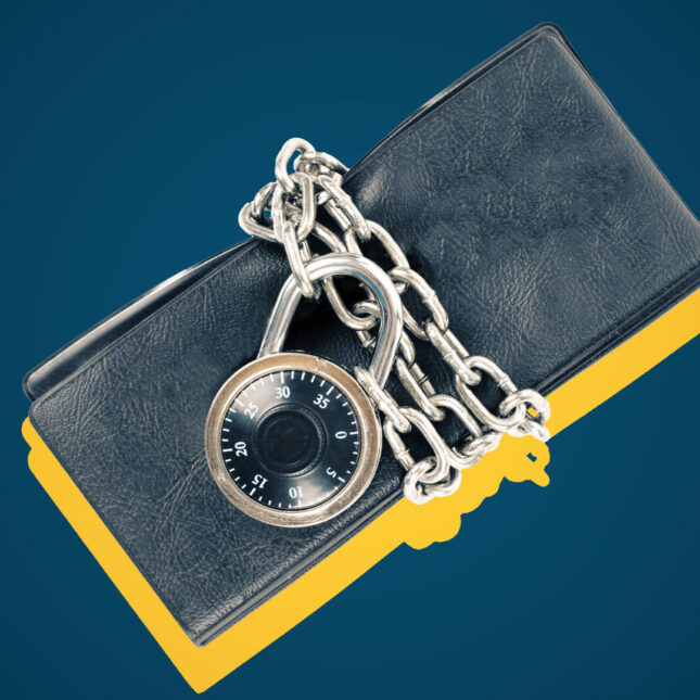 Photo illustration of a checkbook wrapped with lock and chain – hospital and investment coverage from STAT