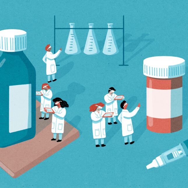 Illustration of researchers working among oversized pill bottles, lab equipment, and medicine for story about the development of obesity medications – health and pharma coverage from STAT
