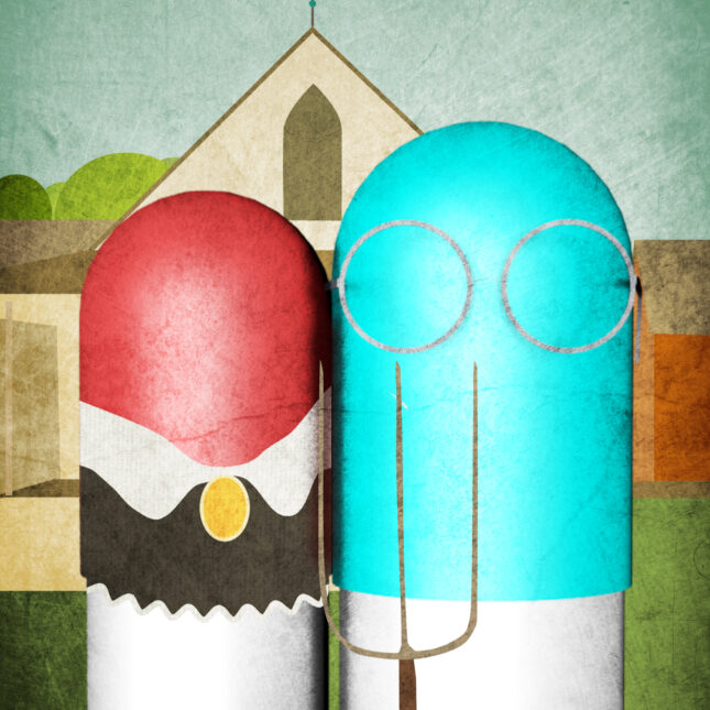 an anthropomorphized red and blue pill illustrated in the style of the famous american gothic painting