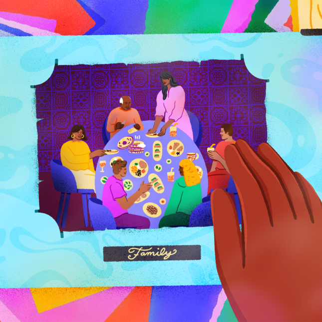 Colorful illustration of a family photo album. On the front cover is a family sitting down for dinner and behind are family photos.